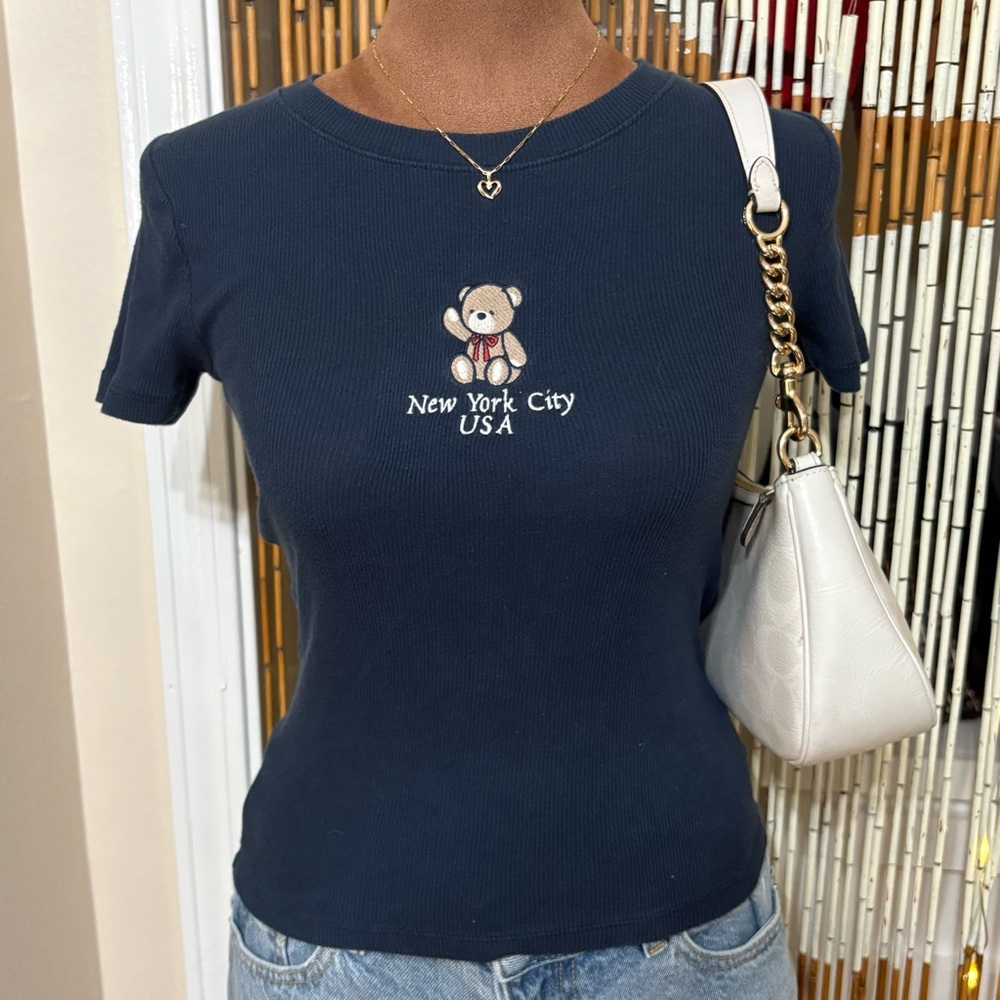 Hollister Navy Blue Tee with Bear Embroidery